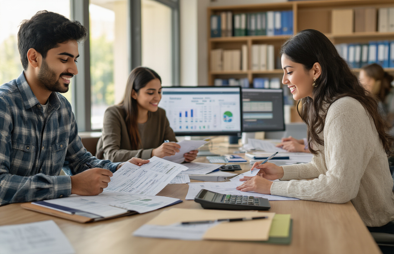 Create a realistic image of a modern university financial aid office with a diverse group of students sitting at consultation desks speaking with financial advisors, showing documents and payment plans spread across the desks, including a South Asian male student and a white female advisor reviewing paperwork, with computer screens displaying financial information, calculators, and folders organized on shelves in the background, warm professional lighting creating a welcoming atmosphere, absolutely NO text should be in the scene.