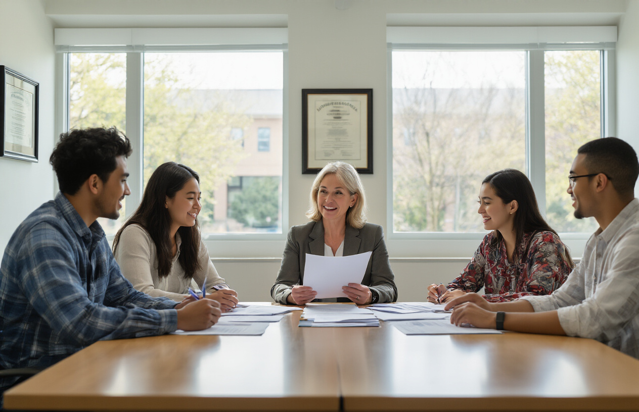 Create a realistic image of diverse university students including white, black, and Asian male and female students sitting around a modern conference table reviewing scholarship documents and financial aid paperwork, with a university financial aid counselor (middle-aged white female) explaining opportunities, set in a bright contemporary university office with diplomas on walls, natural lighting from large windows, conveying hope and academic support, absolutely NO text should be in the scene.