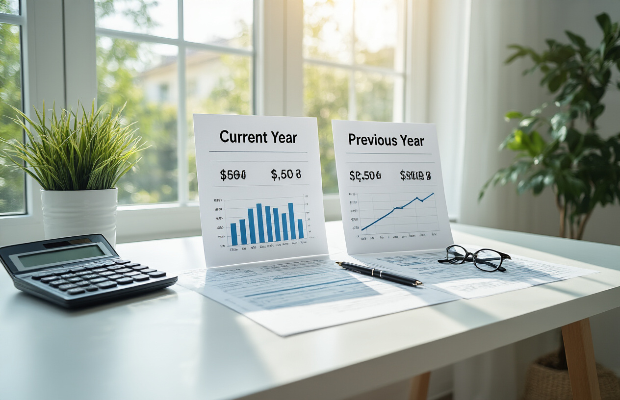 Create a realistic image of a split-screen comparison layout showing two financial documents or fee structure charts side by side on a clean white desk, with one document labeled as current year and another as previous year, featuring bar charts and numerical data in organized tables, with a calculator, pen, and reading glasses placed nearby, under bright natural lighting from a window, creating a professional academic administrative atmosphere, absolutely NO text should be in the scene.