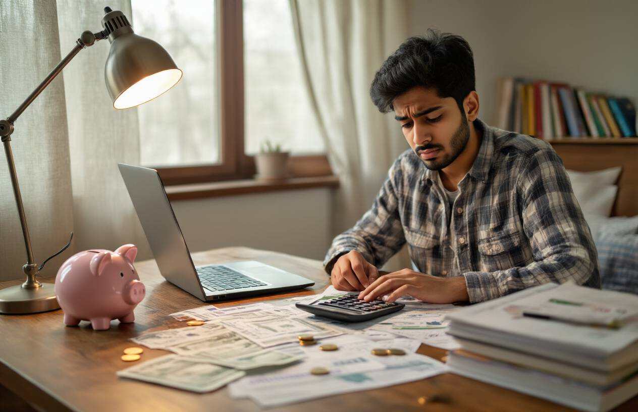 Create a realistic image of a South Asian male student sitting at a wooden desk with a calculator, laptop, and scattered financial documents including bills and receipts, with a piggy bank and coins visible on the desk, warm indoor lighting from a desk lamp creating focused study atmosphere, books stacked nearby, worried expression on his face as he reviews budget planning materials, cozy bedroom or study room background with soft natural light from a window, Absolutely NO text should be in the scene.