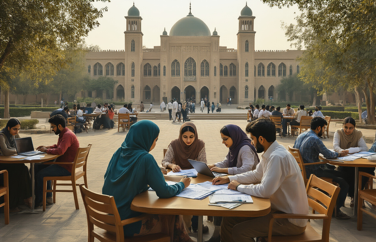 Create a realistic image of a modern university campus scene showing Pakistani students of diverse backgrounds gathered around tables with laptops and documents, reviewing fee structure papers and financial documents, with the iconic Karachi University building architecture visible in the background, warm natural lighting, professional academic atmosphere, students appearing focused and engaged in discussion about tuition costs, absolutely NO text should be in the scene.