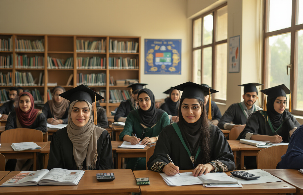 Create a realistic image of Pakistani university students of diverse ethnicities (South Asian, mixed backgrounds) both male and female sitting at wooden desks in a classroom setting, with graduation caps and diplomas visible on some desks, calculator and financial documents scattered around, university building architecture visible through large windows in the background, warm natural lighting streaming through windows, academic atmosphere with bookshelves and educational posters on walls, absolutely NO text should be in the scene.