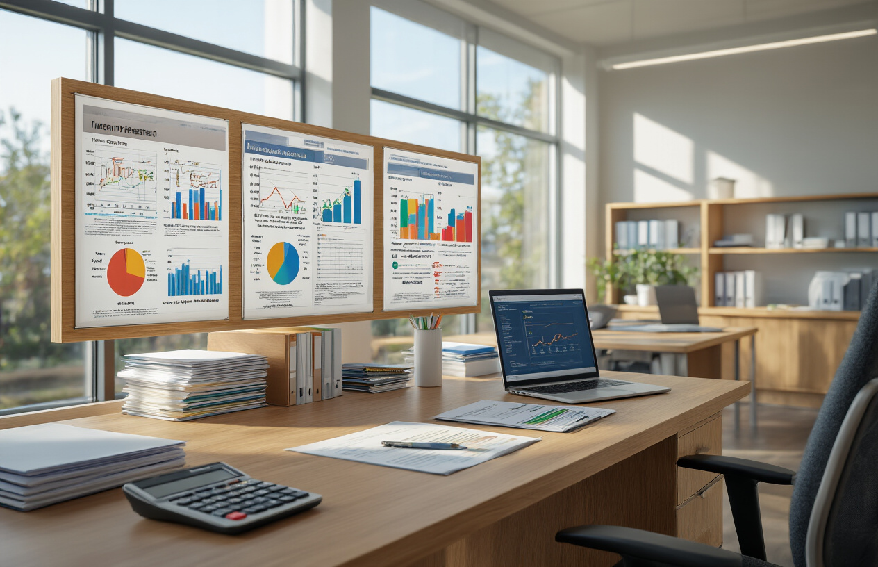 Create a realistic image of a modern university administrative office with multiple faculty information boards displaying colorful charts and graphs comparing tuition fees across different academic departments, featuring a clean wooden desk with organized documents and folders, calculator, and a laptop computer, with bright natural lighting from large windows, professional academic atmosphere, and a Pakistani university setting with contemporary furniture and educational materials visible in the background, absolutely NO text should be in the scene.