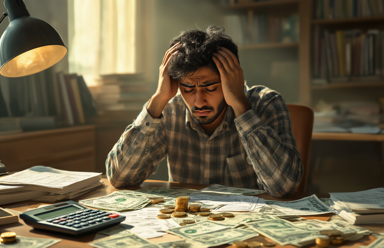 Create a realistic image of a cluttered desk with scattered Pakistani rupee bills, coins, receipts, and invoices representing various university expenses, a calculator showing calculations, a worried South Asian male student sitting behind the desk holding his head in his hands looking stressed, textbooks and academic materials in the background, warm indoor lighting creating shadows that emphasize the financial burden, absolutely NO text should be in the scene.