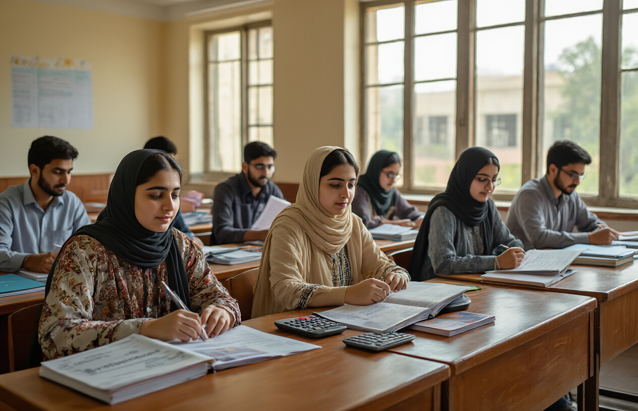 Create a realistic image of Pakistani students of diverse backgrounds sitting at wooden desks in a university classroom, with some students holding scholarship certificates and financial documents, books and calculators scattered on desks, warm natural lighting streaming through large windows, creating an atmosphere of hope and academic achievement, with a university campus visible in the background through the windows, absolutely NO text should be in the scene.