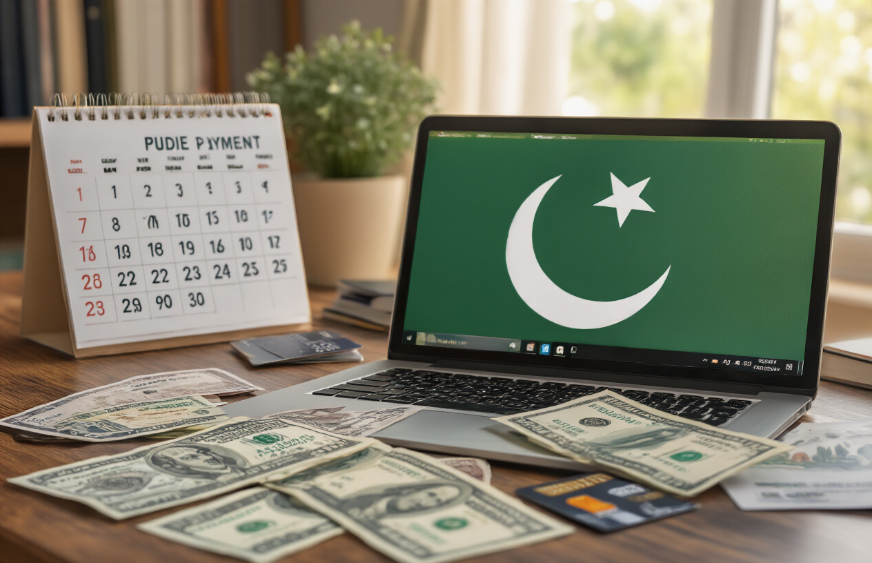 Create a realistic image of a Pakistani student's desk with a laptop displaying an online payment portal, Pakistani rupee banknotes, a credit card, and a bank transfer receipt scattered on the surface, with a calendar showing marked deadlines in the background, soft natural lighting from a window, warm academic atmosphere, absolutely NO text should be in the scene.