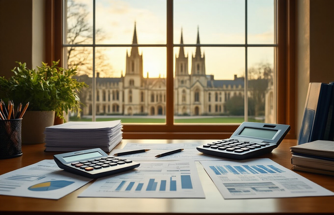 Create a realistic image of a modern university administrative office desk with organized financial documents, calculators, and fee breakdown charts spread across the surface, featuring the iconic Oxford University spires visible through a window in the background, warm natural lighting illuminating the scene, with a professional atmosphere suggesting academic financial planning, absolutely NO text should be in the scene.