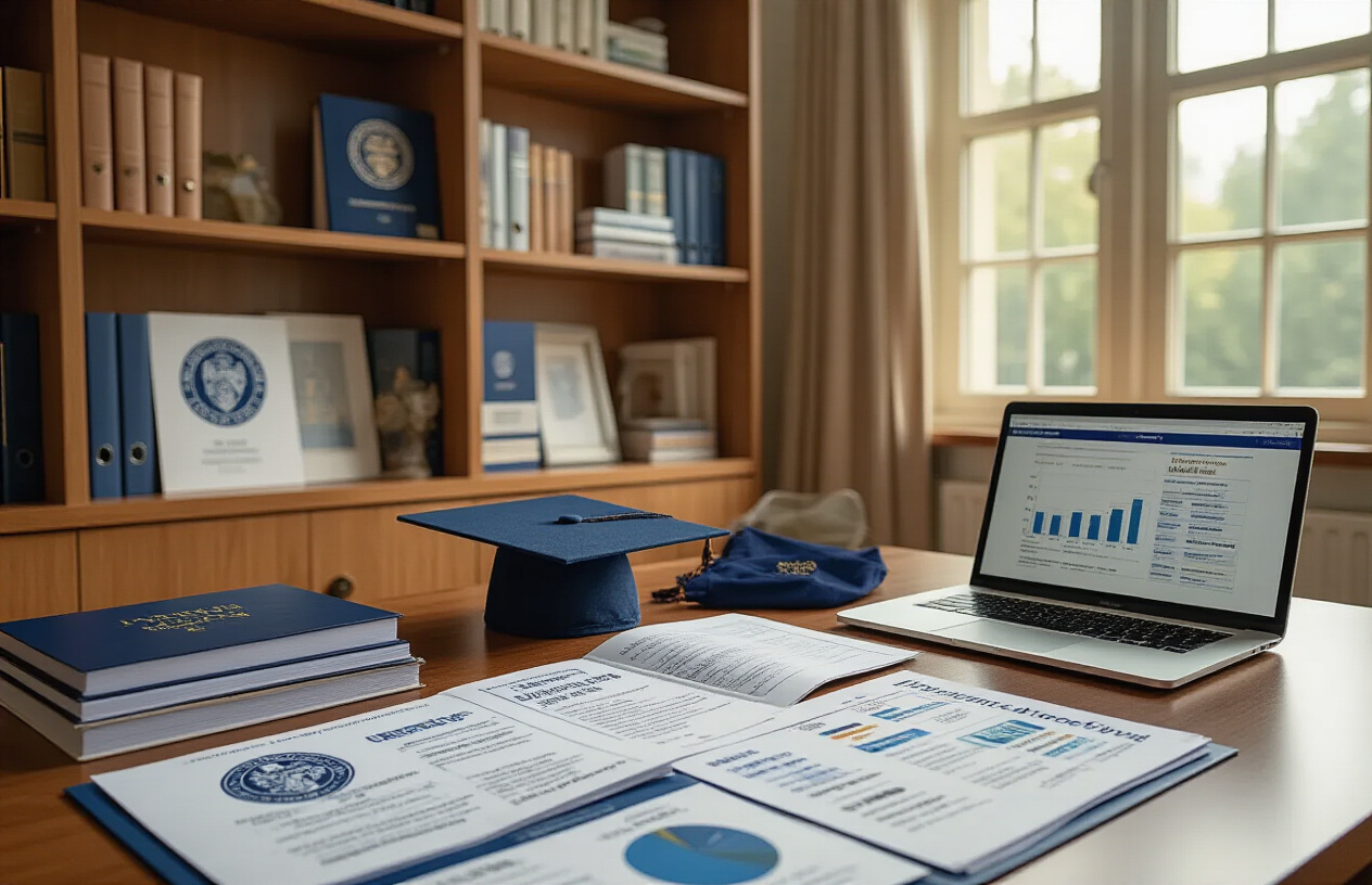 Create a realistic image of a modern university office setting with an academic advisor's desk displaying organized documents, fee charts, and academic brochures related to graduate programs, with a laptop computer open showing financial information, alongside University of Oxford branded materials, graduation cap and diploma certificates visible on wooden shelves in the background, professional academic atmosphere with warm natural lighting from a window, absolutely NO text should be in the scene.