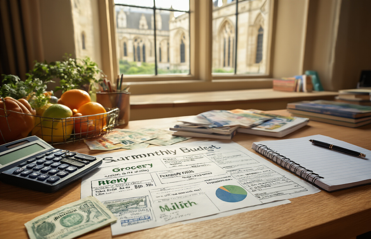 Create a realistic image of a student's monthly budget breakdown showing various living expenses including rent receipts, grocery bills, textbooks, transportation cards, and utility bills scattered on a wooden desk, with a calculator, pen, and notebook nearby, in a well-lit university dormitory room with Oxford-style architecture visible through the window, warm natural lighting creating a studious atmosphere, absolutely NO text should be in the scene.