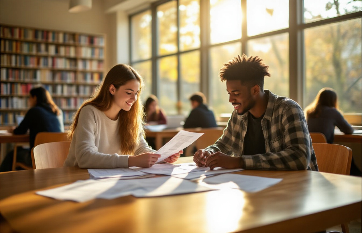 Create a realistic image of a diverse group of university students sitting around a wooden table in a bright, modern library setting, with a white female student and a black male student prominently featured reviewing scholarship documents and financial aid papers spread across the table, golden sunlight streaming through large windows creating a warm and hopeful atmosphere, with bookshelves filled with academic books visible in the background, and the students appearing focused and optimistic about their educational opportunities, absolutely NO text should be in the scene.