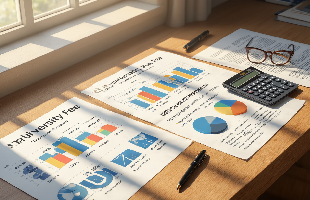 Create a realistic image of multiple university fee comparison charts and documents spread across a wooden desk surface, showing various UK universities including Oxford with their tuition costs displayed in colorful bar graphs and pie charts, alongside a calculator, pen, and reading glasses, with warm natural lighting from a window creating soft shadows, in a clean academic office environment. Absolutely NO text should be in the scene.