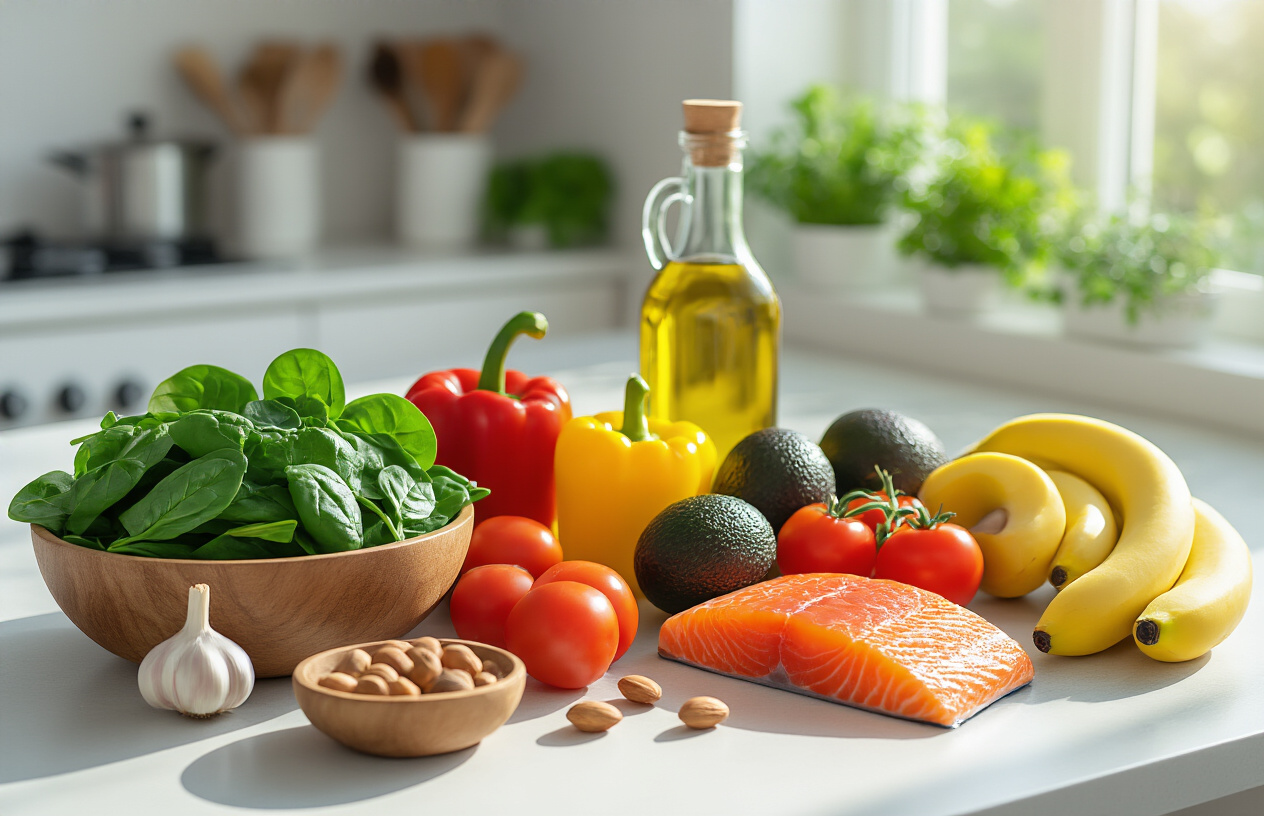 Create a realistic image of a kitchen counter featuring fresh vegetables and heart-healthy foods including leafy green spinach, colorful bell peppers, ripe tomatoes, avocados, salmon fillet, nuts in a wooden bowl, olive oil bottle, garlic cloves, and bananas arranged in an organized display, with natural daylight streaming through a window creating soft shadows, warm and inviting atmosphere suggesting healthy meal preparation, clean modern kitchen background with white countertops and subtle cooking utensils, absolutely NO text should be in the scene.