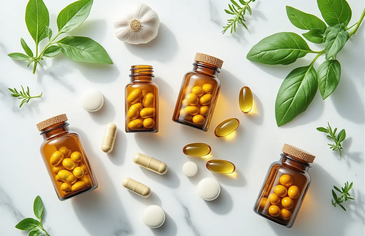 Create a realistic image of natural supplement bottles and capsules arranged on a clean white marble surface, featuring omega-3 fish oil softgels, magnesium tablets, garlic extract capsules, and CoQ10 supplements, with fresh herbs like garlic cloves and leafy greens scattered artfully around the bottles, soft natural lighting from above creating gentle shadows, clean and professional health supplement display setup, absolutely NO text should be in the scene.