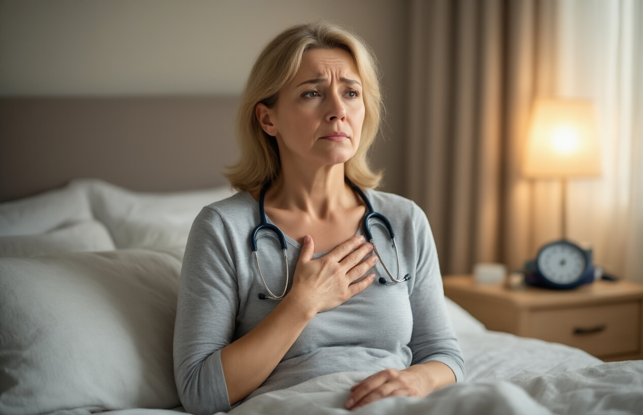 Create a realistic image of a middle-aged white female sitting on the edge of a bed in a softly lit bedroom, one hand placed on her chest while taking deep, measured breaths, with a concerned but focused expression on her face, warm natural lighting filtering through sheer curtains, medical stethoscope and blood pressure monitor visible on a nearby nightstand, calm indoor setting with neutral tones, absolutely NO text should be in the scene.