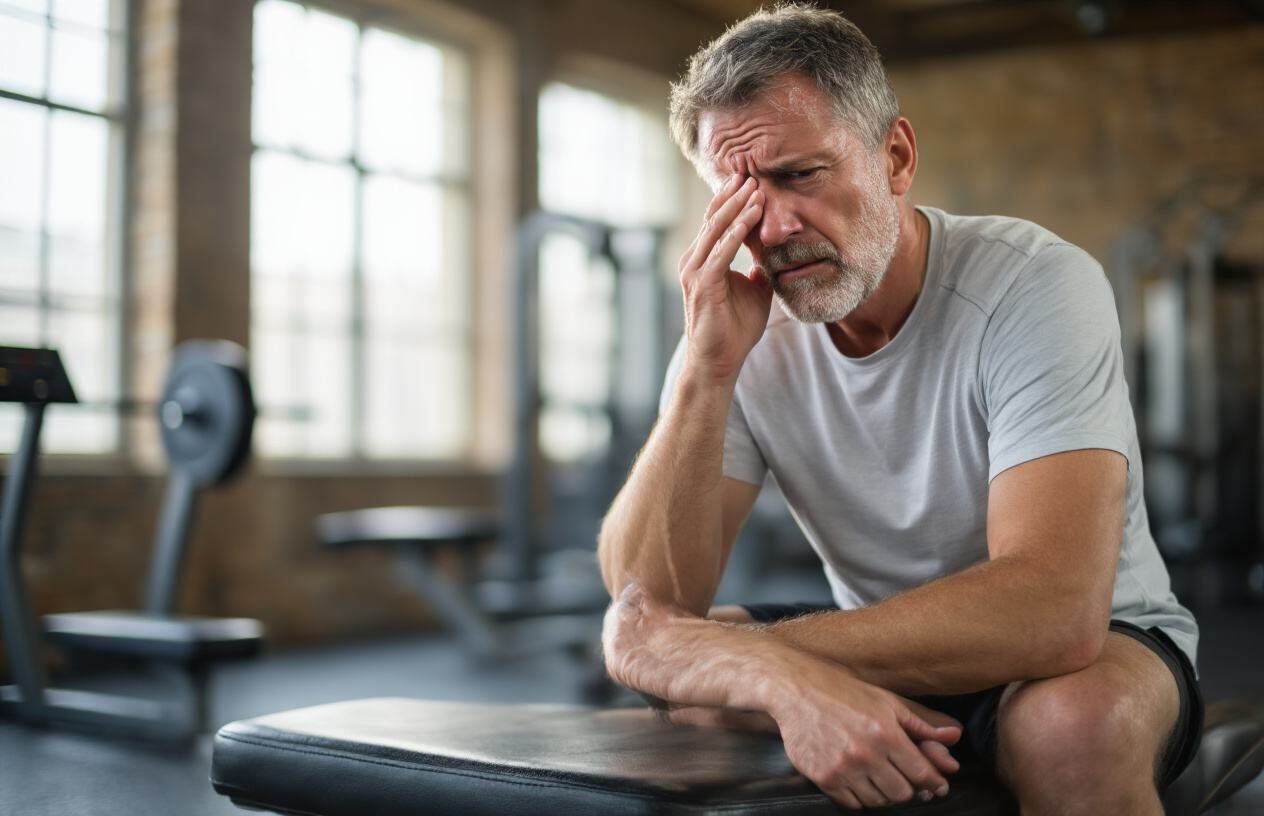 Create a realistic image of a middle-aged white male sitting on the edge of a gym bench looking exhausted and out of breath after light exercise, wiping sweat from his forehead with a concerned expression, with gym equipment blurred in the background, soft natural lighting from windows, conveying fatigue and decreased energy levels, absolutely NO text should be in the scene.