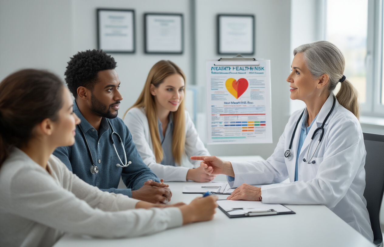 Create a realistic image of a middle-aged white female doctor in a white coat sitting at a modern medical office desk across from a diverse group of patients including a black male and white female, with the doctor pointing to a colorful heart health risk assessment chart on the desk, medical stethoscope and clipboard visible, bright clinical lighting, professional healthcare consultation atmosphere, clean modern medical office background with diplomas on the wall, warm and reassuring mood suggesting proactive healthcare planning, absolutely NO text should be in the scene.
