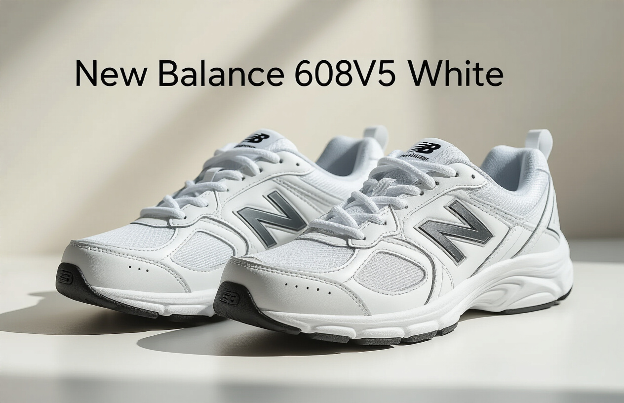 Create a realistic image of a pair of pristine white New Balance 608v5 cross-training sneakers positioned on a clean white surface with soft natural lighting, showing the shoes from a three-quarter angle to display both the side profile and front toe area, with subtle shadows beneath for depth, and the text "New Balance 608v5 White" elegantly placed in modern sans-serif font in the upper portion of the image.