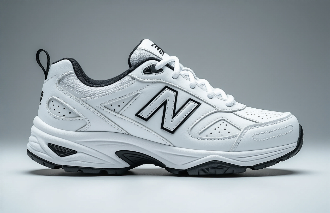 Create a realistic image of a pristine white New Balance 608v5 cross-trainer shoe positioned at a three-quarter angle on a clean white surface, with key features like the supportive leather upper, cushioned midsole, and rubber outsole clearly visible, complemented by subtle side lighting that highlights the shoe's construction details and materials, set against a minimalist gray gradient background that emphasizes the footwear's design elements, absolutely NO text should be in the scene.