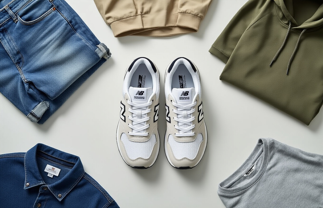 Create a realistic image of a pair of New Balance 608v5 sneakers in crisp white colorway positioned on a clean white surface, surrounded by various clothing items in different colors including jeans, khaki pants, athletic shorts, dress shirt, casual t-shirt, and hoodie arranged to demonstrate styling versatility, with soft natural lighting creating subtle shadows, shot from a slightly elevated angle to showcase the shoes as the focal point while displaying the coordinating outfit options, Absolutely NO text should be in the scene.