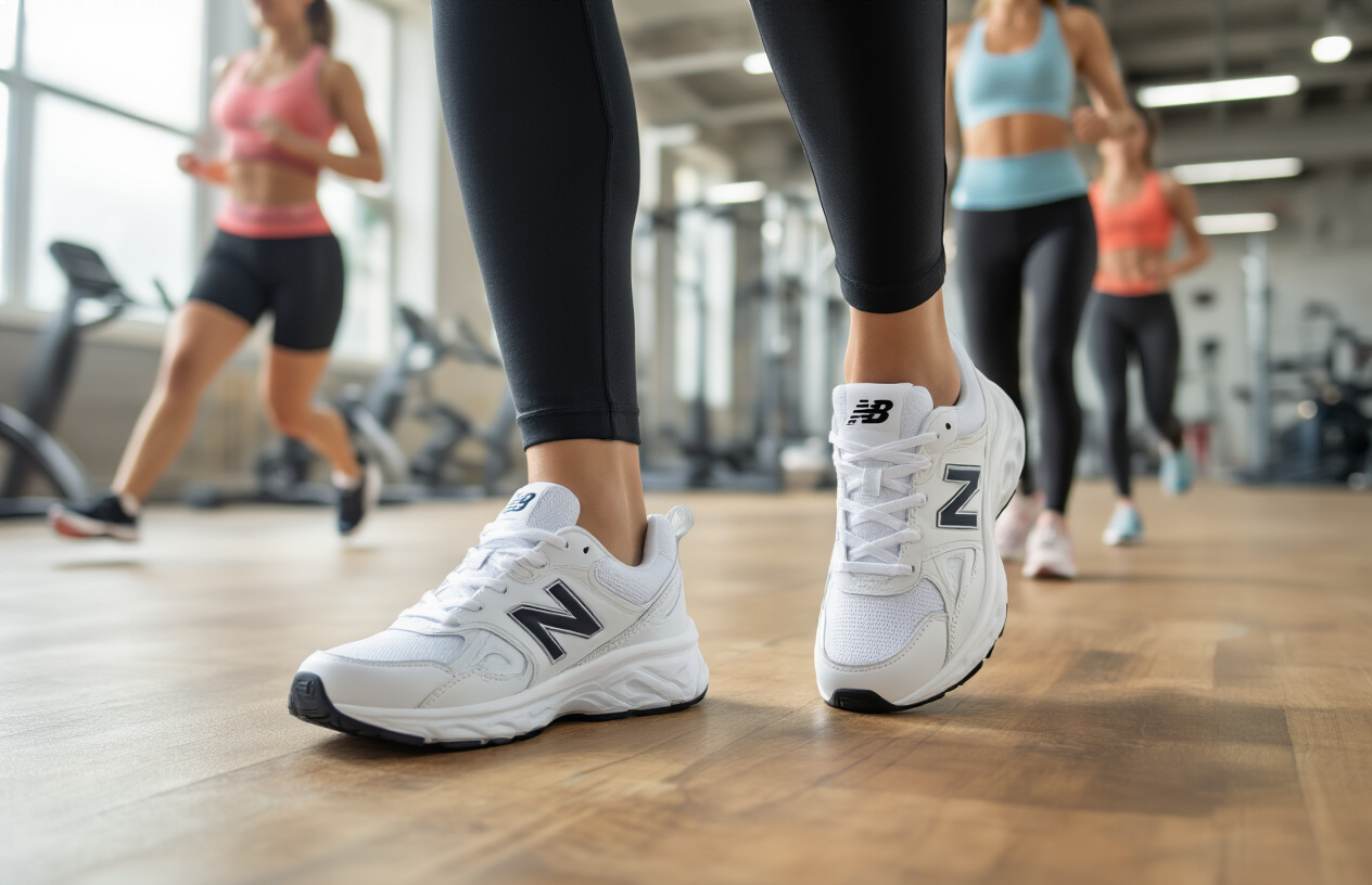 Create a realistic image of New Balance 608v5 white sneakers being worn by people of different races and genders engaged in various physical activities including walking, light jogging, cross-training, and gym workouts, showing the shoes' versatility across multiple fitness scenarios with a clean, modern fitness facility background featuring exercise equipment, wooden gym floors, and bright natural lighting. Absolutely NO text should be in the scene.