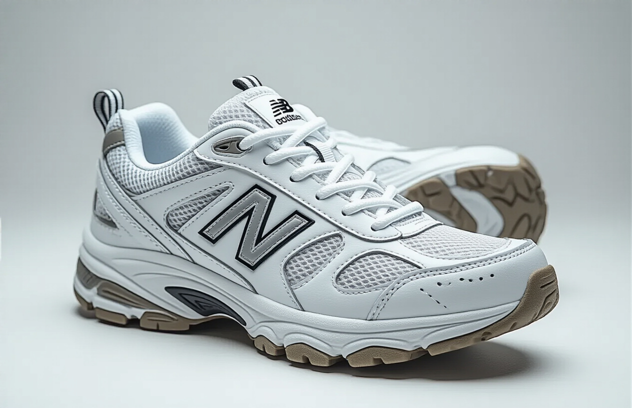 Create a realistic image of a pair of New Balance 608 V5 white cross training sneakers positioned at a three-quarter angle on a clean white surface, showing detailed features like the mesh upper, leather overlays, supportive midsole, and rubber outsole, with soft even lighting that highlights the shoe's texture and design elements, set against a minimalist light gray background, Absolutely NO text should be in the scene.