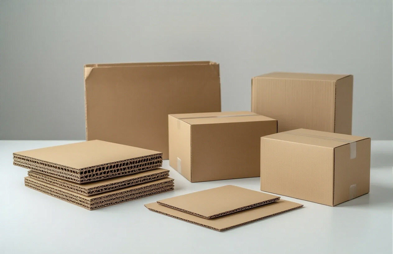 Create a realistic image of various cardboard and corrugated packaging materials displayed on a clean white surface, showing different types of cardboard sheets with visible corrugated layers and fluting patterns, some single-wall and double-wall corrugated samples cut to reveal internal structure, a few assembled cardboard boxes in different sizes, close-up details of material thickness and wave patterns, neutral warehouse or laboratory lighting, professional product photography style with sharp focus on material textures and construction details, absolutely NO text should be in the scene.