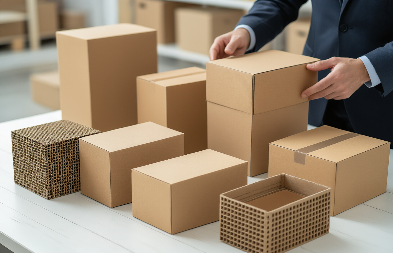 Create a realistic image of various cardboard and corrugated packaging boxes of different sizes, shapes, and brown tones arranged on a clean white wooden table surface, with a businessman