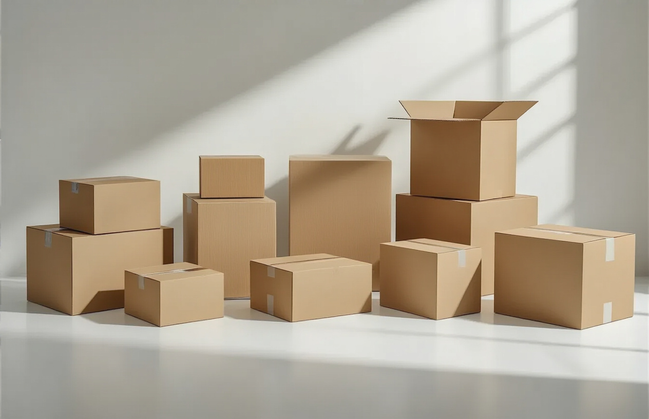 Create a realistic image of various cardboard box types arranged on a clean white surface, showcasing different sizes, shapes, and corrugation styles including small shipping boxes, large moving boxes, flat mailer boxes, and cube-shaped storage boxes, some with visible corrugated edges and flaps, displayed in an organized layout with soft, even lighting from above creating subtle shadows, shot from a slightly elevated angle to show the variety and construction details of each box type, with a neutral background and professional product photography aesthetic, absolutely NO text should be in the scene.