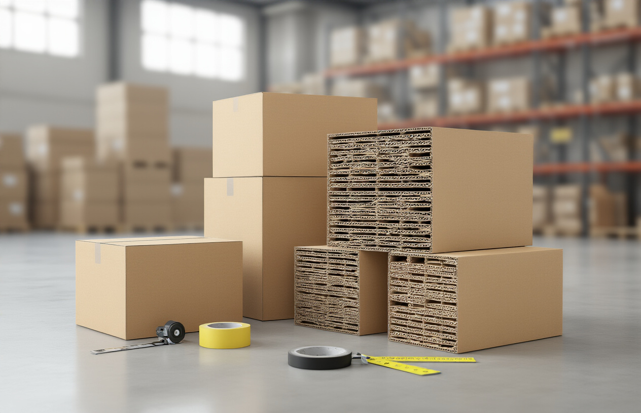 Create a realistic image of several neatly stacked corrugated cardboard boxes of different sizes placed on a smooth warehouse floor, some opened to reveal detailed cross-sections that show their layered construction and fluting, surrounded by calipers and tape measures as complementary elements, with a soft daylight ambiance and a slightly blurred industrial shelf background; Absolutely NO text should be in the scene.