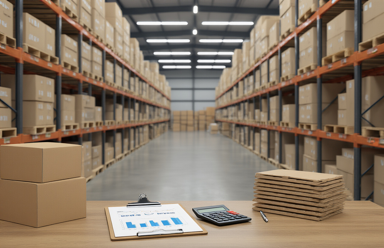Create a realistic image of a modern warehouse or distribution center with stacks of brown cardboard boxes of various sizes arranged on metal shelving units and pallets, with a clipboard showing cost analysis charts and calculator placed on a wooden desk in the foreground, alongside sample corrugated packaging materials, under bright fluorescent lighting that creates a professional business atmosphere, absolutely NO text should be in the scene.