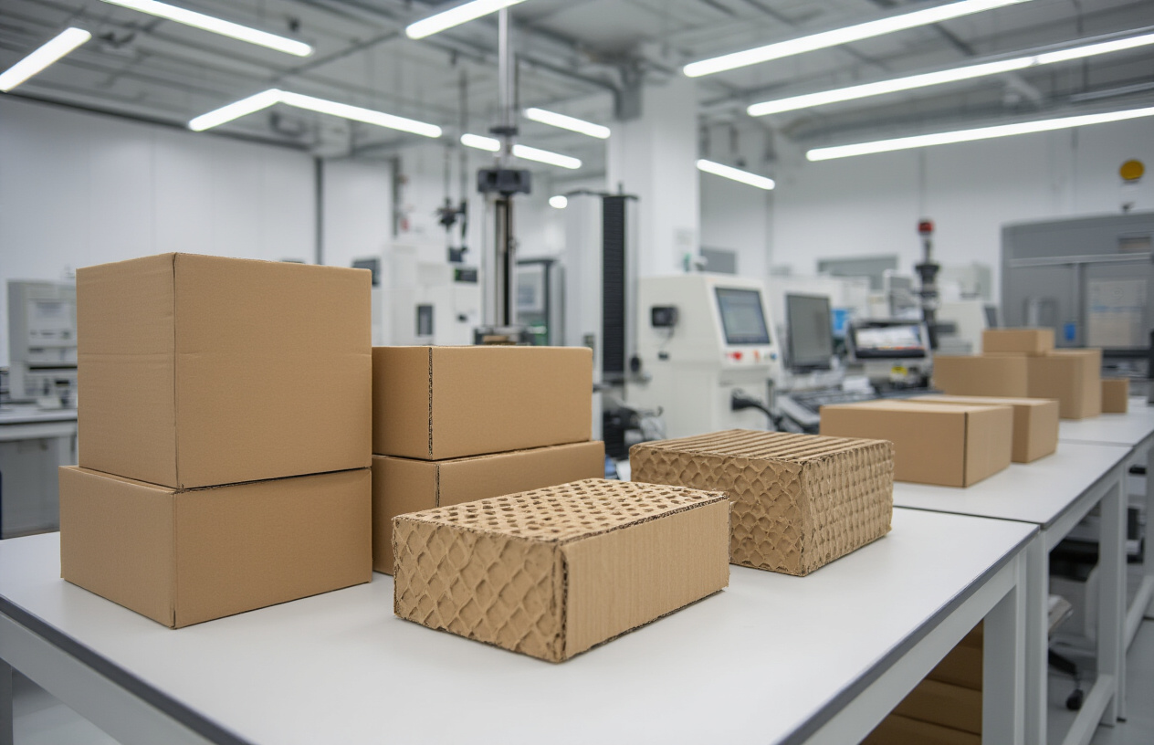 Create a realistic image of a modern quality control laboratory with cardboard boxes of various sizes on a white testing table, precision testing equipment including drop test machines, compression testing apparatus, and measuring instruments, with detailed close-up shots of corrugated cardboard samples being examined under magnifying equipment, sterile white laboratory environment with bright fluorescent lighting, professional testing atmosphere showing packaging quality assessment procedures, absolutely NO text should be in the scene.