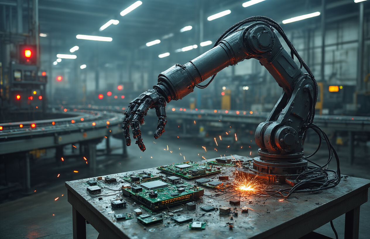 Create a realistic image of a traditional robotic arm stuck or frozen mid-motion in an industrial setting, with scattered circuit boards and outdated computer components on a metal workbench, surrounded by warning lights and error indicators glowing red, showing cables disconnected and sparking slightly, with a dimly lit factory background featuring conveyor belts that have stopped moving, creating a mood of technological limitation and mechanical failure, absolutely NO text should be in the scene.