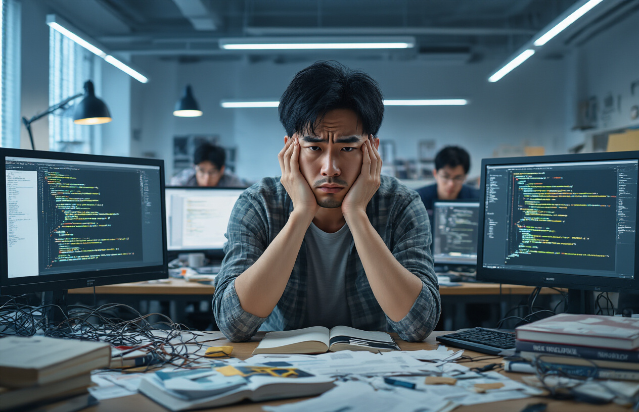 Create a realistic image of a stressed Asian male developer sitting at a cluttered desk with multiple monitors displaying complex code and error messages, surrounded by scattered technical books about React and Spring Boot, with a dimly lit office environment showing other developers in the background looking overwhelmed, broken laptops and tangled cables on nearby desks, harsh fluorescent lighting casting dramatic shadows, conveying a sense of technical frustration and failure, absolutely NO text should be in the scene.