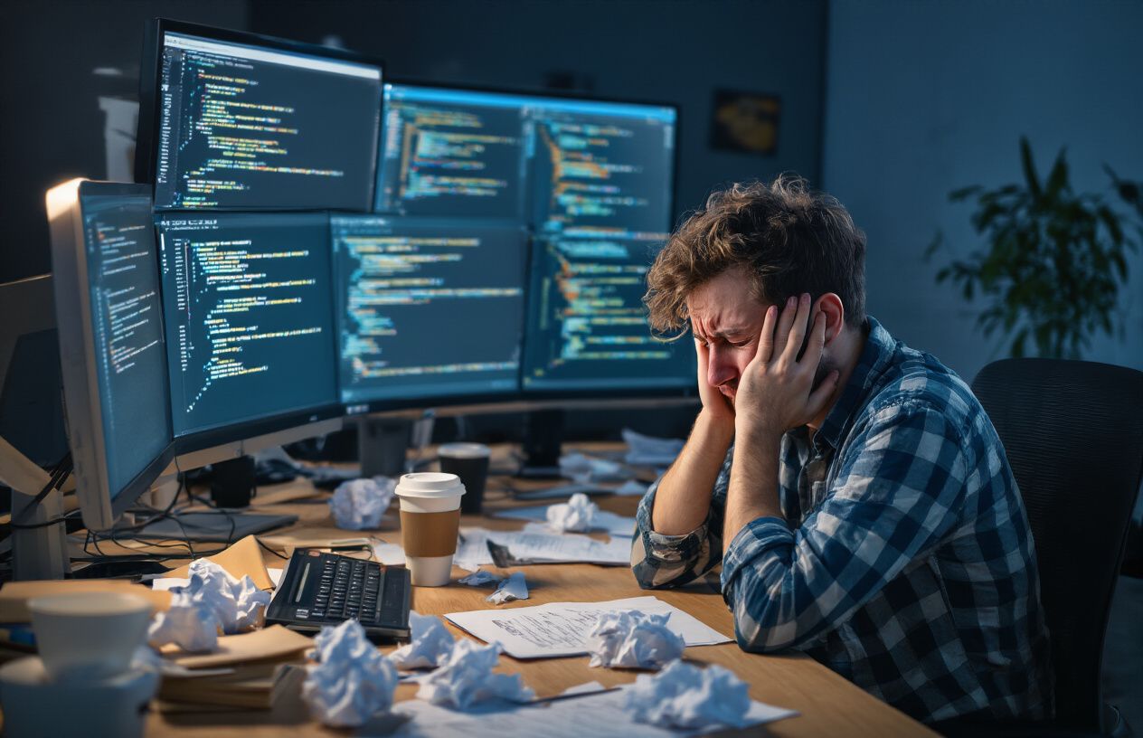 Create a realistic image of a frustrated white male developer sitting at a cluttered desk with multiple monitors displaying React and Angular code interfaces, his head in his hands showing exhaustion and stress, surrounded by empty coffee cups and crumpled papers, with a dark office environment lit only by the blue glow of computer screens, creating a mood of career burnout and technical overwhelm, absolutely NO text should be in the scene.