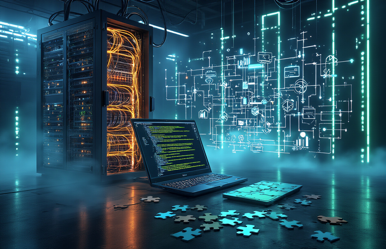 Create a realistic image of a complex server room or data center with glowing network cables and server racks in the background, featuring a mysterious opened laptop displaying code architecture diagrams and Spring Boot framework symbols, surrounded by floating holographic representations of backend APIs, microservices connections, and database schemas, with dramatic blue and green lighting creating shadows that suggest hidden complexity, while puzzle pieces scattered around the laptop represent the mystery aspect of backend development, all set in a dark tech environment with subtle fog effects to enhance the mysterious atmosphere, Absolutely NO text should be in the scene.