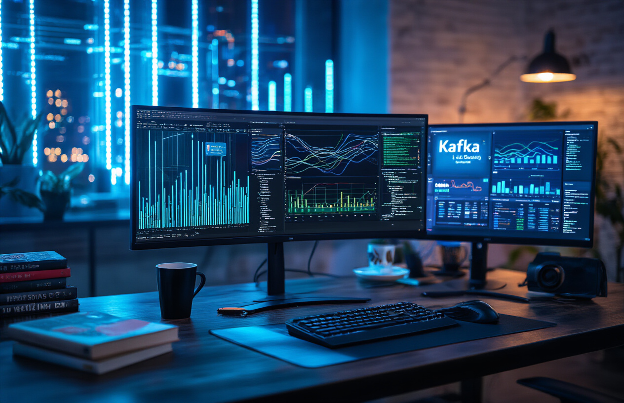 Create a realistic image of a modern developer workspace with multiple computer monitors displaying Apache Kafka data streaming dashboards with flowing data pipelines, message queues, and real-time analytics graphs, surrounded by scattered programming books and coffee cups, with a sleek black computer setup on a dark wooden desk, ambient blue and green LED lighting creating a high-tech atmosphere, shallow depth of field focusing on the main monitor showing Kafka's distributed streaming architecture, professional software development environment mood, absolutely NO text should be in the scene.