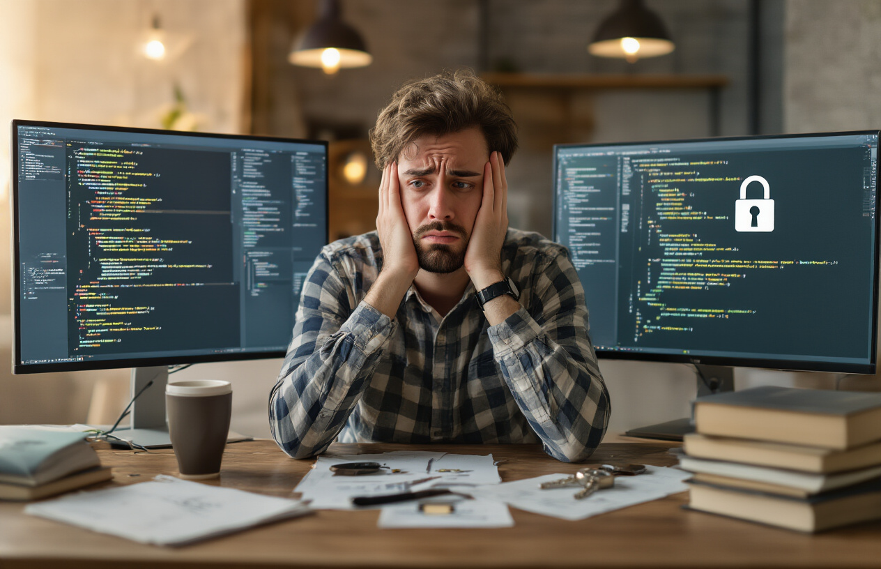 Create a realistic image of a confused white male developer sitting at a modern desk with dual monitors displaying code and security diagrams, his head in his hands showing frustration, with scattered programming books and coffee cups around, a broken padlock icon visible on one screen and a key icon on another screen representing the authentication vs authorization concept, warm office lighting with a slightly dim atmosphere conveying the struggle with security concepts, absolutely NO text should be in the scene.