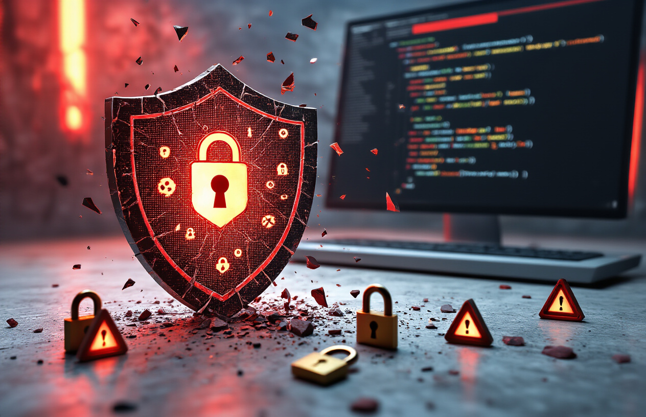Create a realistic image of a broken or cracked digital security shield with JWT token symbols floating around it, vulnerability icons like open locks and warning triangles scattered in the foreground, a dark computer screen displaying code vulnerabilities in the background, moody lighting with red and amber warning colors creating an atmosphere of security breach and danger, absolutely NO text should be in the scene.