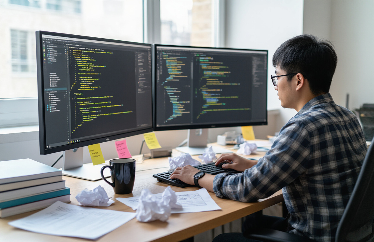 Create a realistic image of a focused Asian male software developer sitting at a modern desk with dual monitors displaying code editor windows with Java Spring Boot authentication code, surrounded by crumpled papers and sticky notes on the desk surface, a coffee mug nearby, in a contemporary office environment with soft natural lighting from a window, conveying a mood of concentration and problem-solving challenges, with coding documentation books stacked on the desk, absolutely NO text should be in the scene.