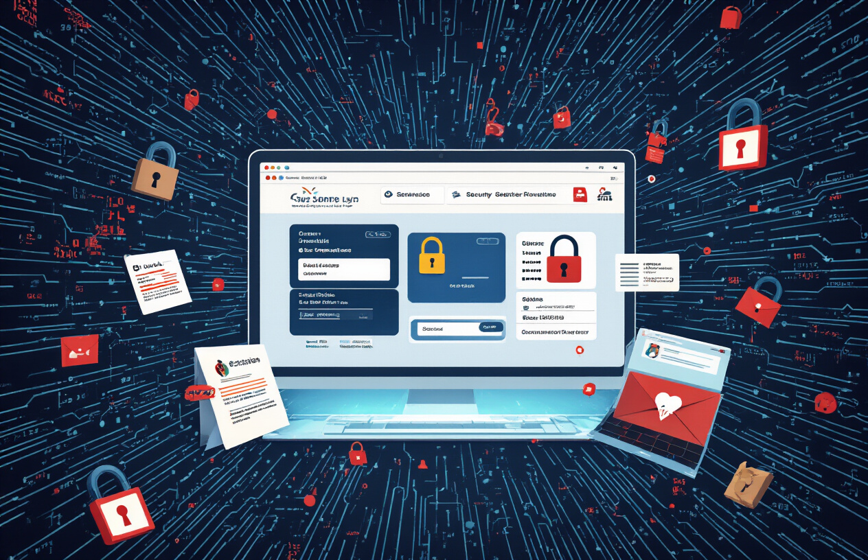 Create a realistic image of a computer screen displaying a web browser with multiple login sessions and security warning icons, surrounded by digital security elements like broken padlock symbols, session cookies represented as small data packets floating around the screen, and red warning indicators showing compromised user accounts, with a dark cybersecurity-themed background featuring circuit patterns and data streams, creating a tense and concerning mood about digital vulnerability, soft blue screen glow illuminating the immediate area while the background remains darker to emphasize security threats, absolutely NO text should be in the scene.