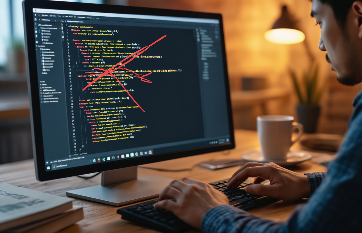 Create a realistic image of a close-up view of a computer monitor displaying a code editor with Spring Boot security configuration files, showing crossed-out or commented CSRF protection lines in red, with a frustrated Asian male developer's hands typing on a keyboard in the foreground, dimly lit office environment with warm amber lighting from desk lamp, coffee cup and security documentation books scattered on the wooden desk, conveying a sense of confusion and technical challenge, absolutely NO text should be in the scene.