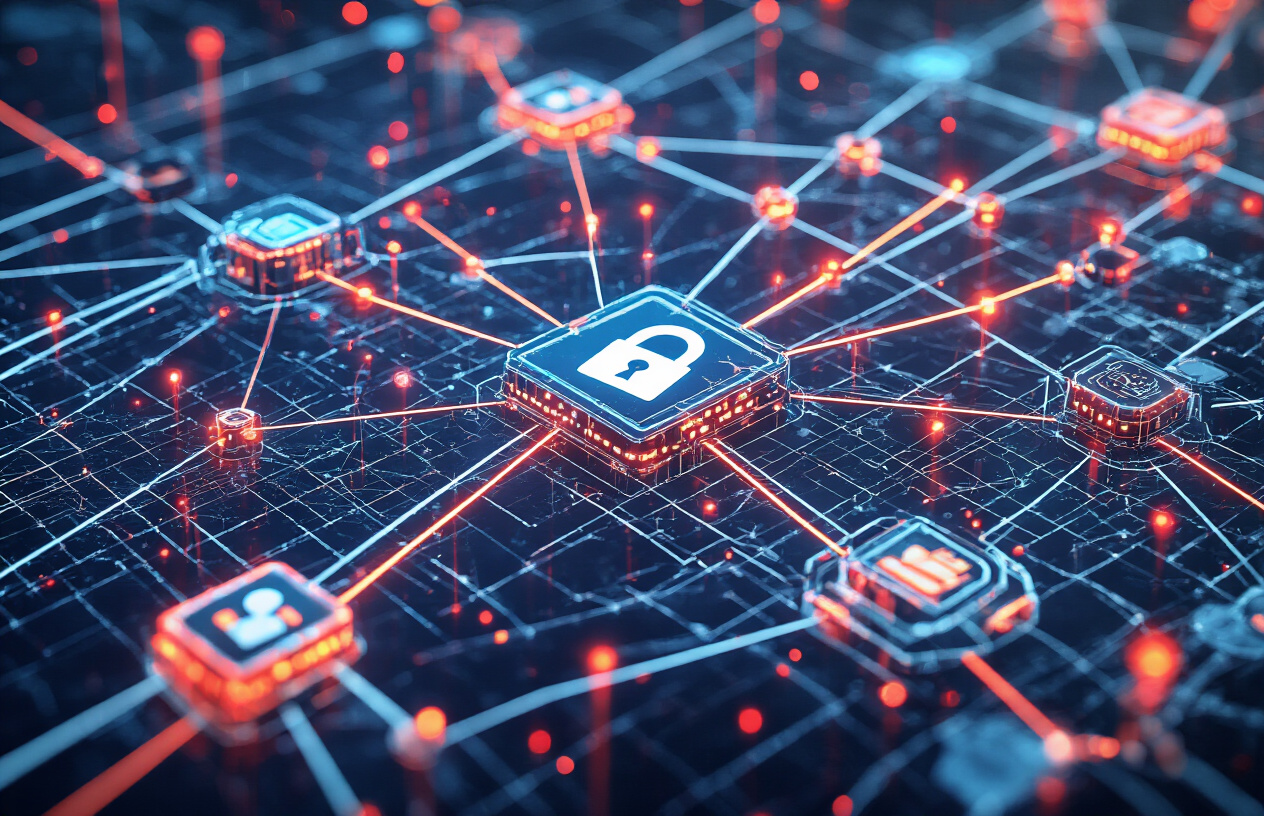 Create a realistic image of a complex network diagram showing interconnected security nodes with different colored access levels, featuring broken or missing connections between authorization layers, set against a dark digital background with subtle red warning indicators highlighting the security gaps, moody lighting with blue and amber glows from the network elements, absolutely NO text should be in the scene.