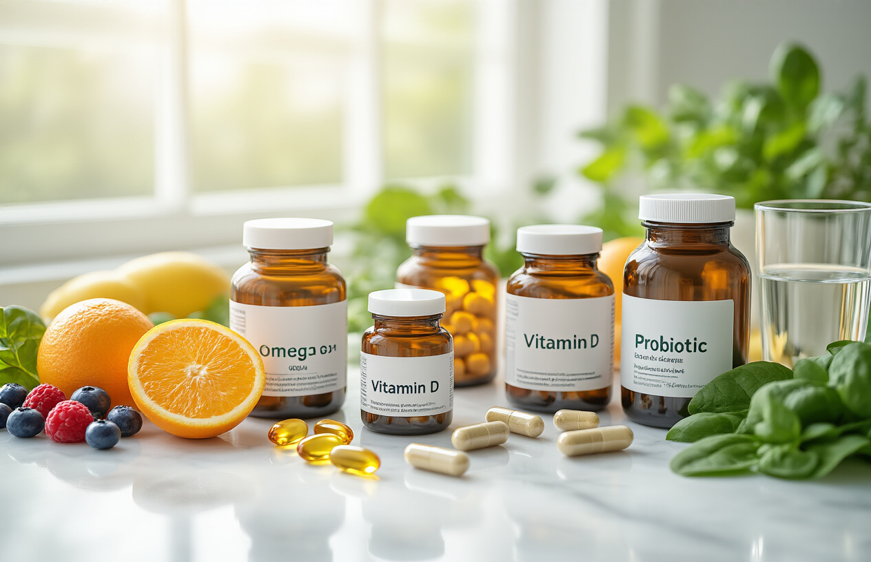 Create a realistic image of various supplement bottles and capsules arranged on a clean white marble surface, featuring omega-3 fish oil softgels, vitamin D tablets, zinc capsules, and probiotic bottles with clear labels, alongside fresh fruits like berries and oranges, green leafy vegetables, and a glass of water, with soft natural lighting from a window creating gentle shadows, conveying a health-focused and scientific approach to skincare supplementation, absolutely NO text should be in the scene.