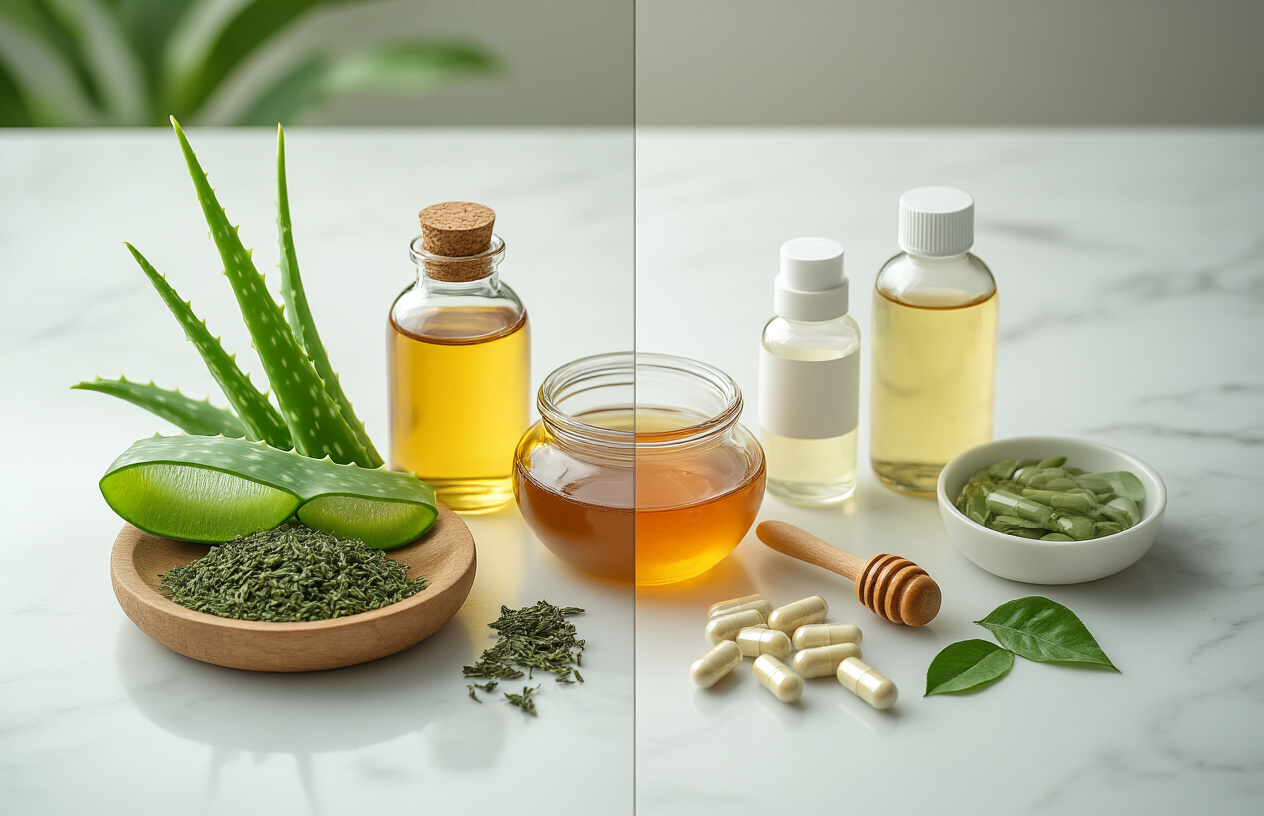 Create a realistic image of a split-screen composition showing natural skincare ingredients on the left side including fresh aloe vera leaves, glass bottles with botanical oils, raw honey in a wooden bowl, and green tea leaves, contrasted with synthetic skincare products on the right side featuring modern laboratory bottles with clean labels, capsules, and sleek packaging, all arranged on a clean white marble surface with soft natural lighting from above, creating a balanced comparison between organic and scientific approaches to skincare, absolutely NO text should be in the scene.