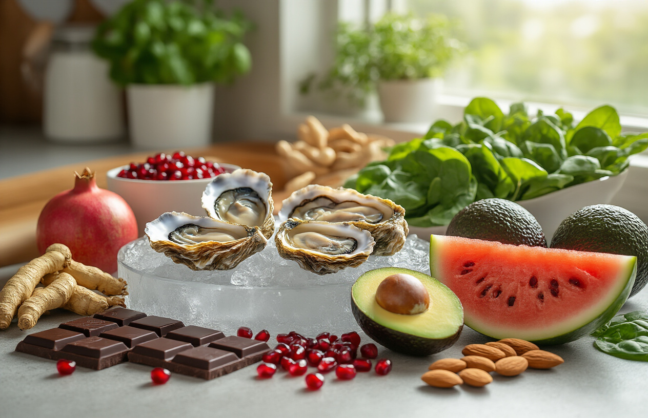 Create a realistic image of a vibrant kitchen counter displaying an array of aphrodisiac foods and nutritious ingredients known for enhancing sexual health, including fresh oysters on ice, dark chocolate pieces, ripe avocados, pomegranate seeds, watermelon slices, almonds, spinach leaves, and ginseng root, with soft natural lighting streaming through a window creating an appetizing and healthy atmosphere, absolutely NO text should be in the scene.