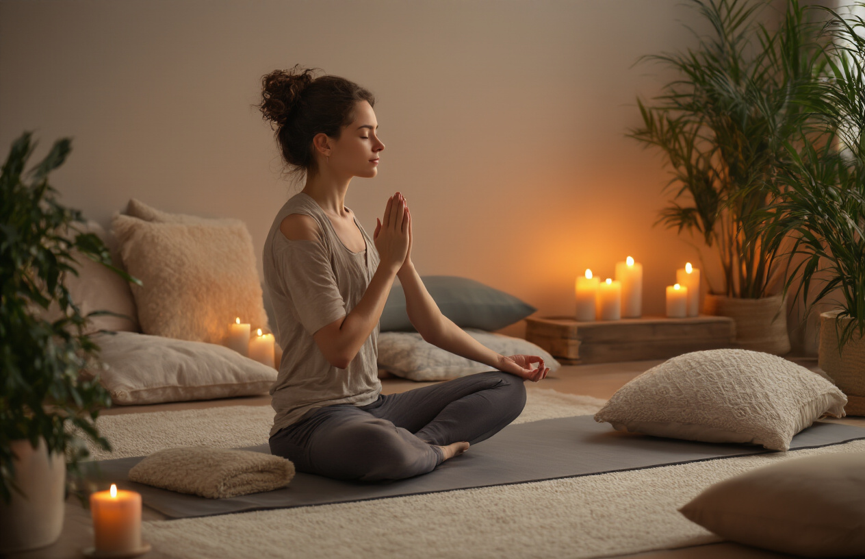Create a realistic image of a peaceful meditation scene with a person sitting cross-legged on a yoga mat in a serene bedroom environment, surrounded by calming elements like soft pillows, dim warm lighting from candles, and plants, with the person appearing relaxed and centered while practicing deep breathing exercises, conveying stress relief and inner peace, absolutely NO text should be in the scene.