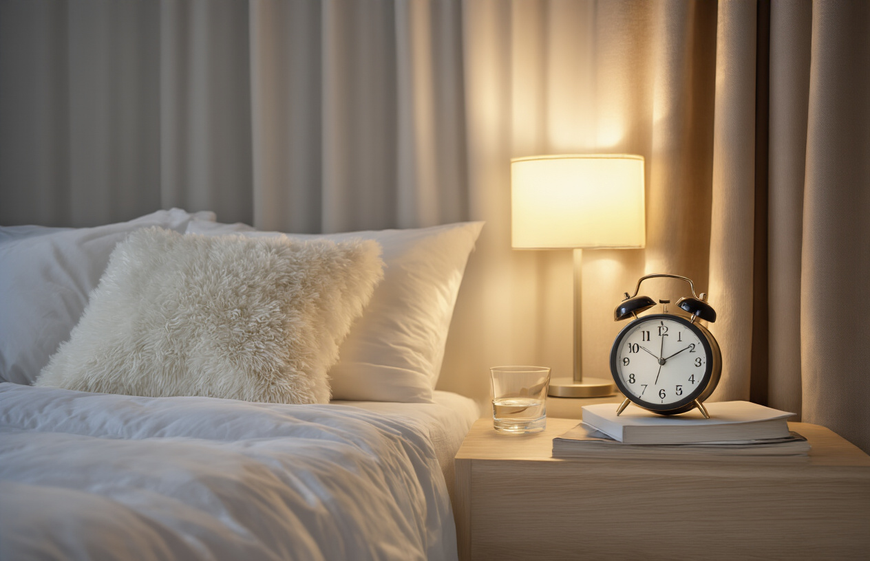 Create a realistic image of a peaceful bedroom scene with a comfortable bed featuring white linens and fluffy pillows, a bedside table with a modern alarm clock showing evening hours, soft warm lighting from a table lamp, blackout curtains partially drawn, and a serene atmosphere that conveys restful sleep and wellness, with subtle elements like a glass of water and perhaps a book on the nightstand, all photographed in warm, dim lighting that suggests the transition to bedtime, Absolutely NO text should be in the scene.