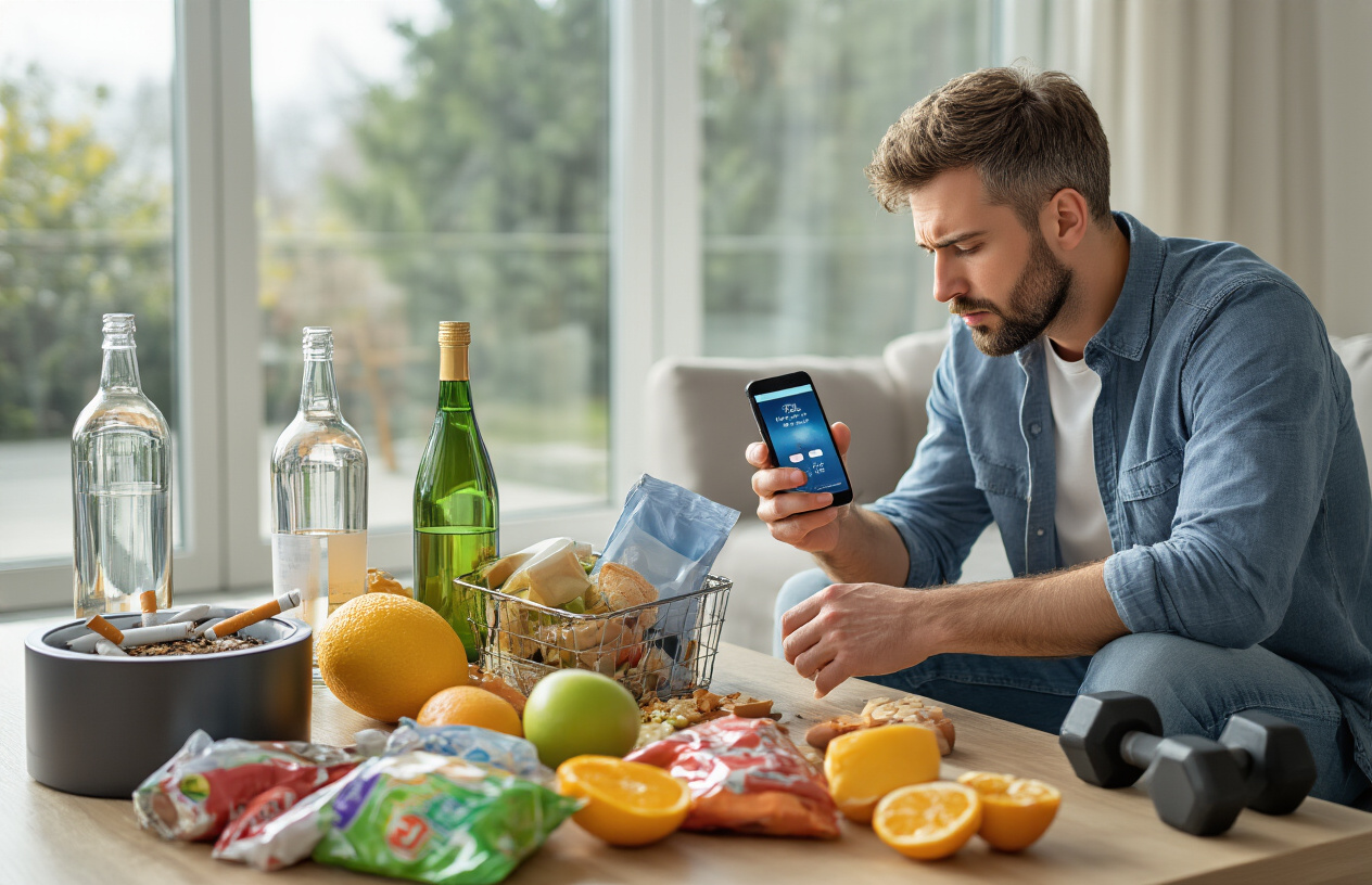 Create a realistic image of a modern wellness scene showing various harmful lifestyle items being removed or avoided, including cigarettes being stubbed out in an ashtray, empty alcohol bottles being discarded in a trash bin, junk food packages scattered on a table, a smartphone displaying late-night social media being set aside, and a stressed white male in his 30s choosing healthier alternatives like fresh fruits, water, and exercise equipment in a clean, bright living room setting with natural lighting streaming through windows, creating a transformative atmosphere of positive lifestyle changes, Absolutely NO text should be in the scene.