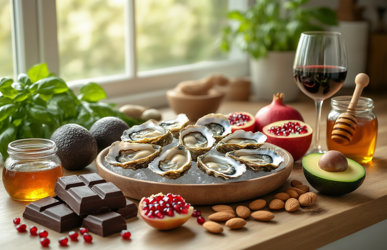 Create a realistic image of an elegant kitchen counter displaying an artful arrangement of natural aphrodisiac foods including fresh oysters on ice, dark chocolate pieces, ripe avocados, pomegranate seeds, fresh figs cut in half, almonds, honey in a glass jar with wooden dipper, red wine in a glass, and fresh herbs like basil, with warm natural lighting streaming through a window creating an inviting culinary atmosphere, absolutely NO text should be in the scene.