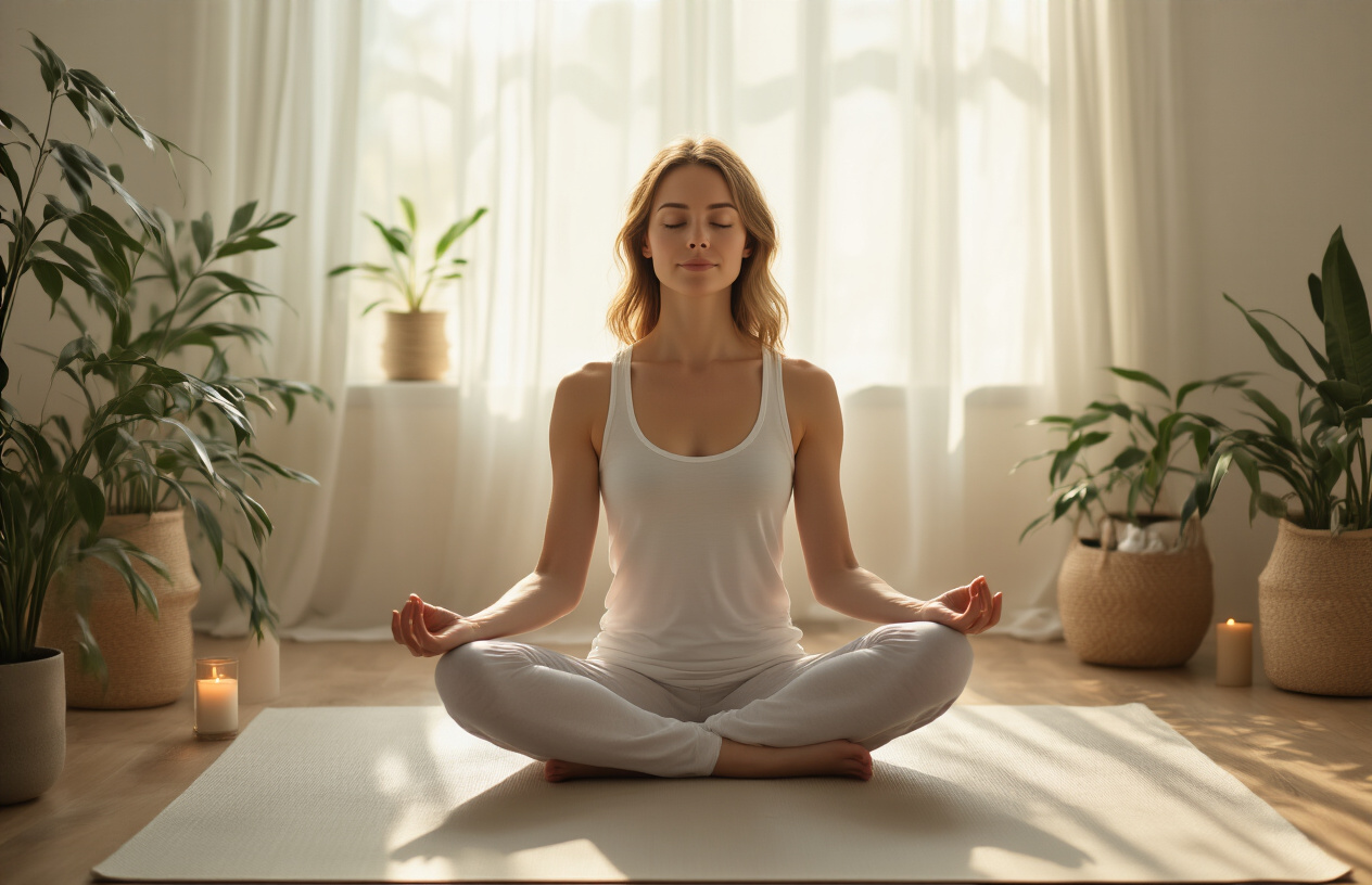 Create a realistic image of a serene white female in her 30s sitting cross-legged on a yoga mat in a peaceful bedroom setting, eyes gently closed in meditation pose with hands resting on knees, soft natural lighting streaming through sheer curtains, minimalist decor with plants and candles creating a calming atmosphere, warm earth tones throughout the scene, conveying tranquility and mental wellness, absolutely NO text should be in the scene.